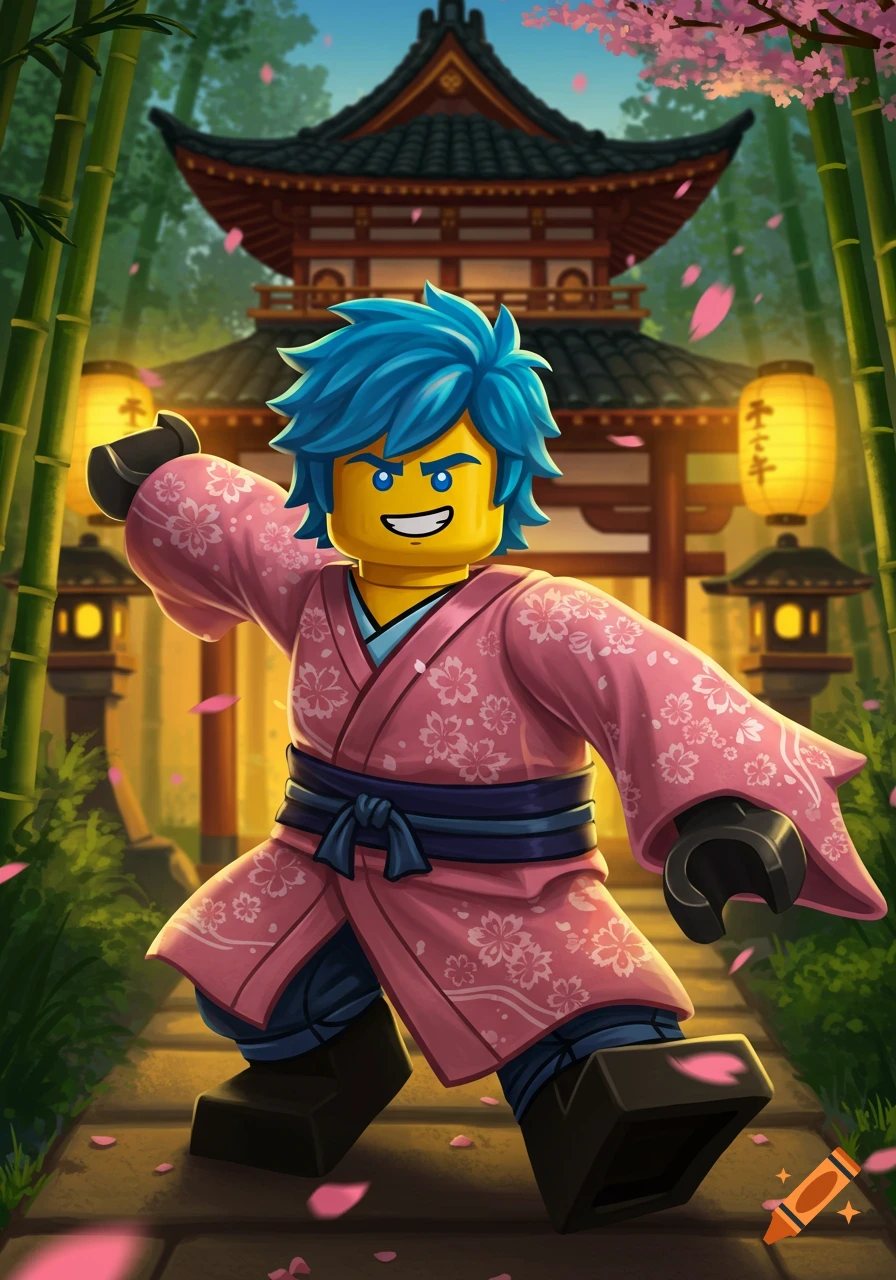 A blue-haired Lego minifigure dressed in a pink cherry blossom kimono stands in front of a traditional Japanese temple with bamboo and falling petals.