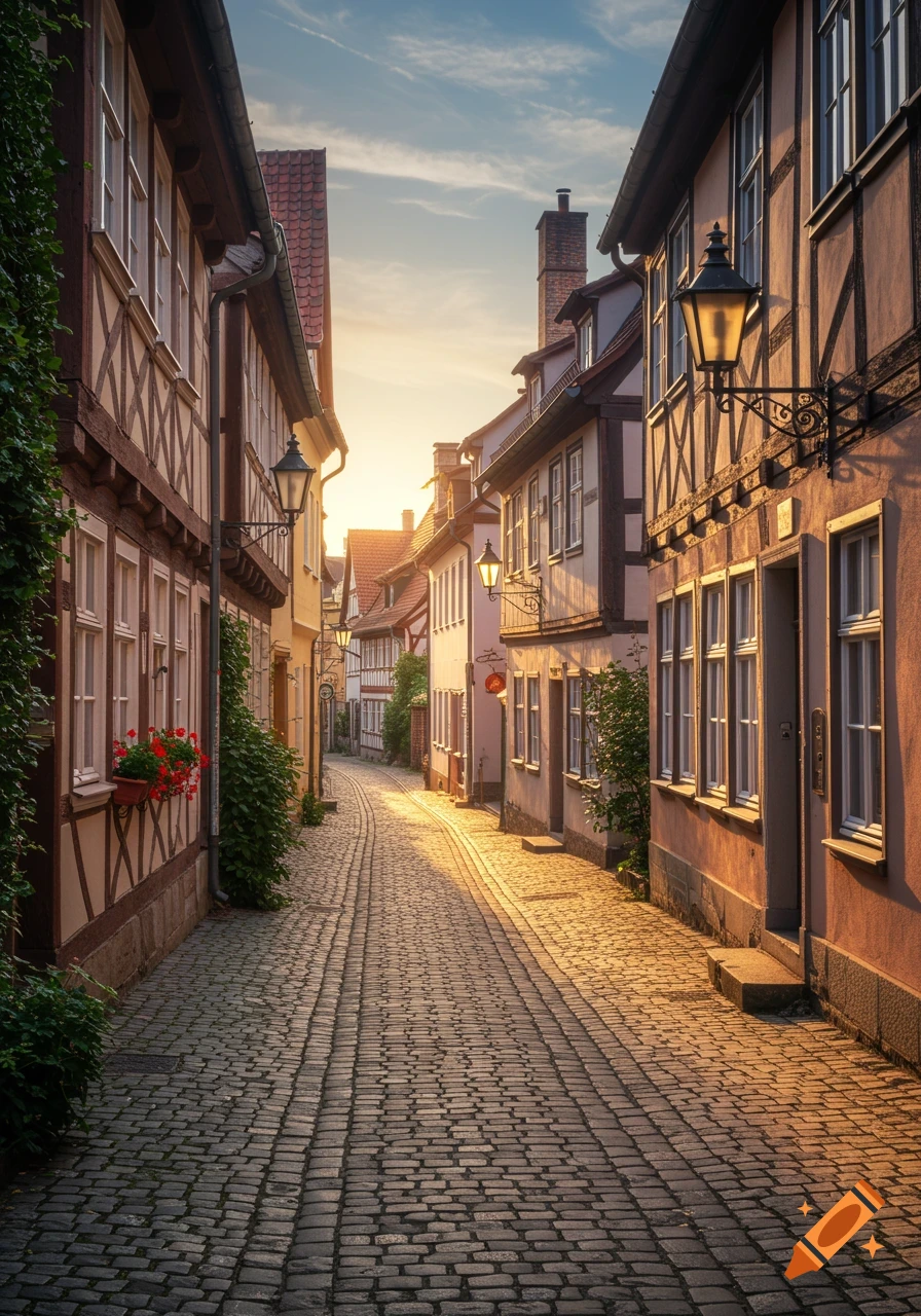 A cobblestone street in an old German town, lined with vintage timber-framed buildings bathed in warm morning light.