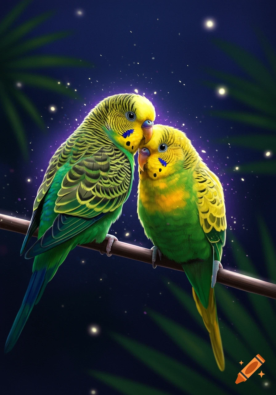 Two green and yellow parakeets snuggle on a branch at night, surrounded by glowing sparkles.