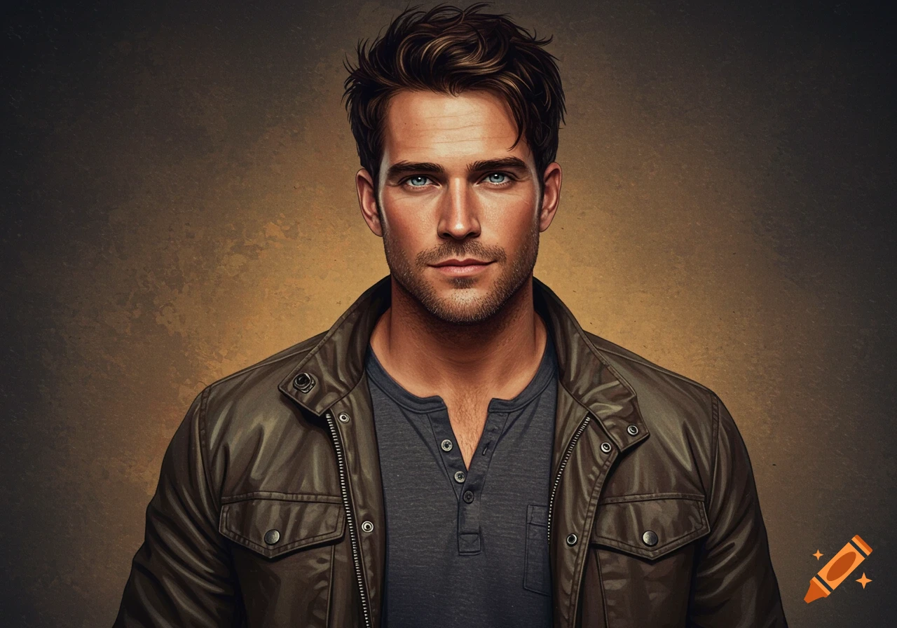 Photorealistic portrait of a handsome man with brown hair, blue eyes, and stubble, wearing a leather jacket.