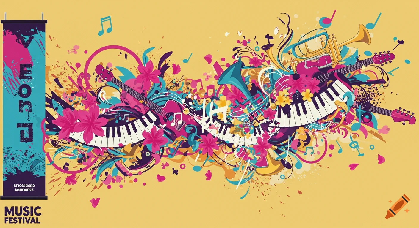 A vibrant, abstract illustration for a music festival banner, featuring a collage of musical instruments like pianos, guitars, and trumpets, intertwined with colorful flowers and musical notes against a yellow background.