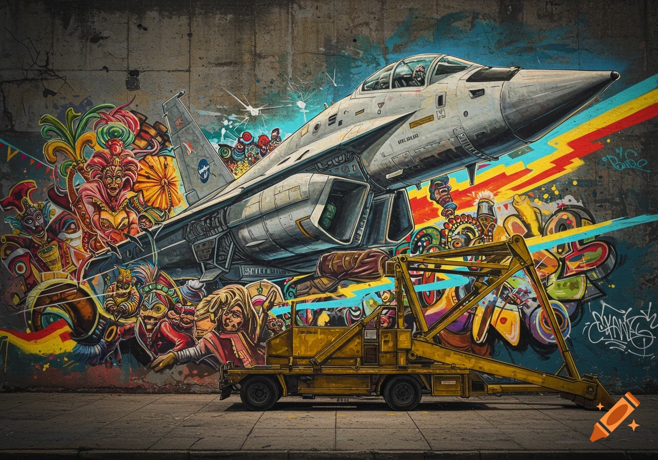 Colorful graffiti mural on a concrete wall featuring a fighter jet, carnival figures, and yellow aircraft ground equipment.