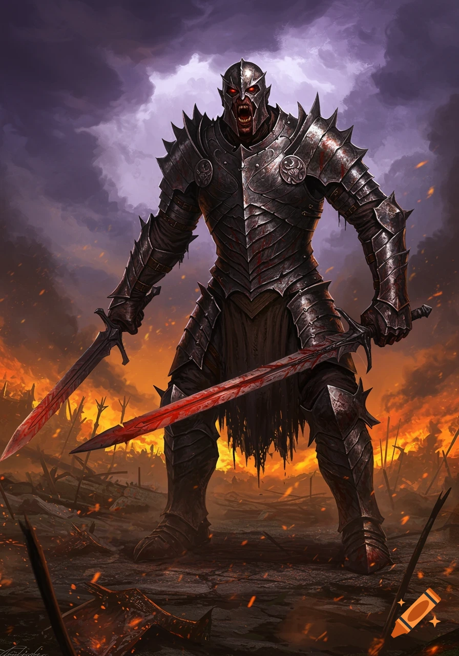 A towering, armored fantasy monster with red eyes and blood-stained swords stands on a fiery battlefield under a stormy sky.