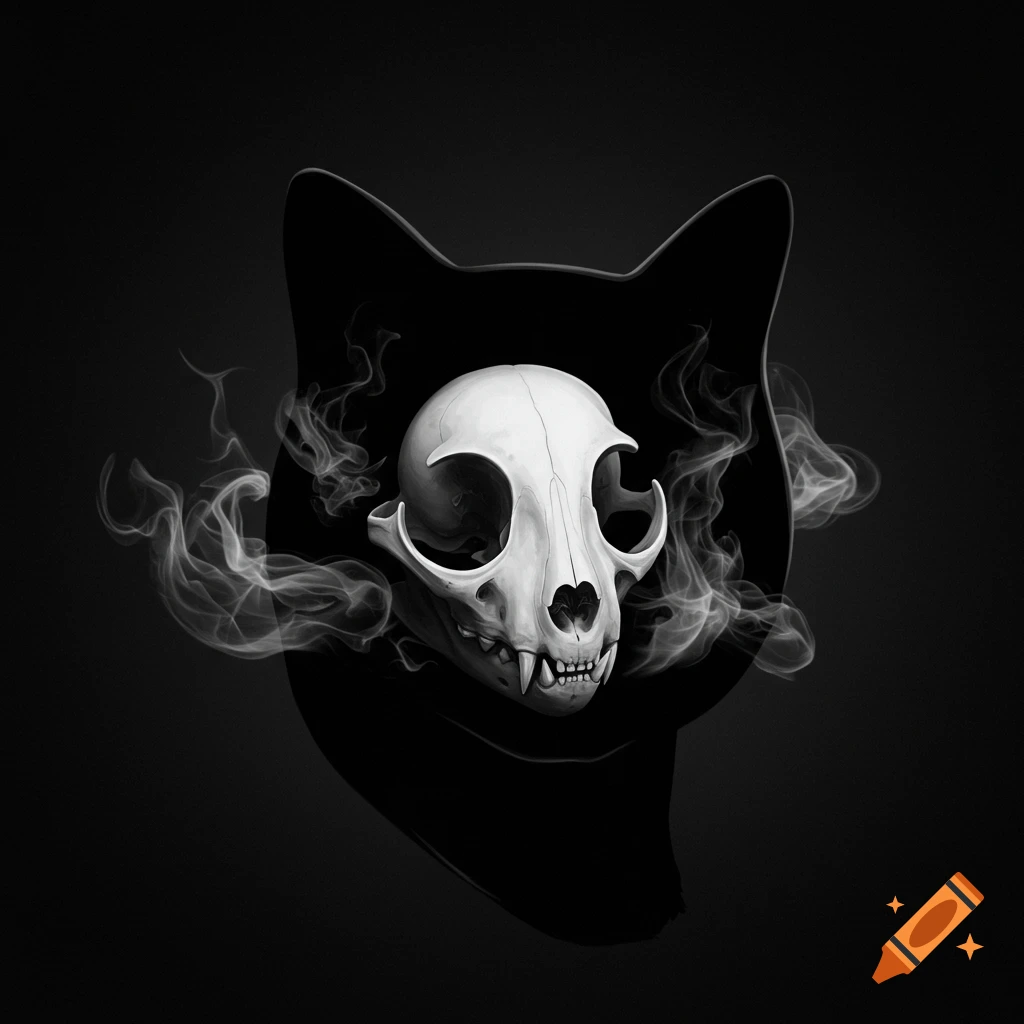 A monochrome illustration of a white cat skull inside a black cat head silhouette, surrounded by wisps of smoke.