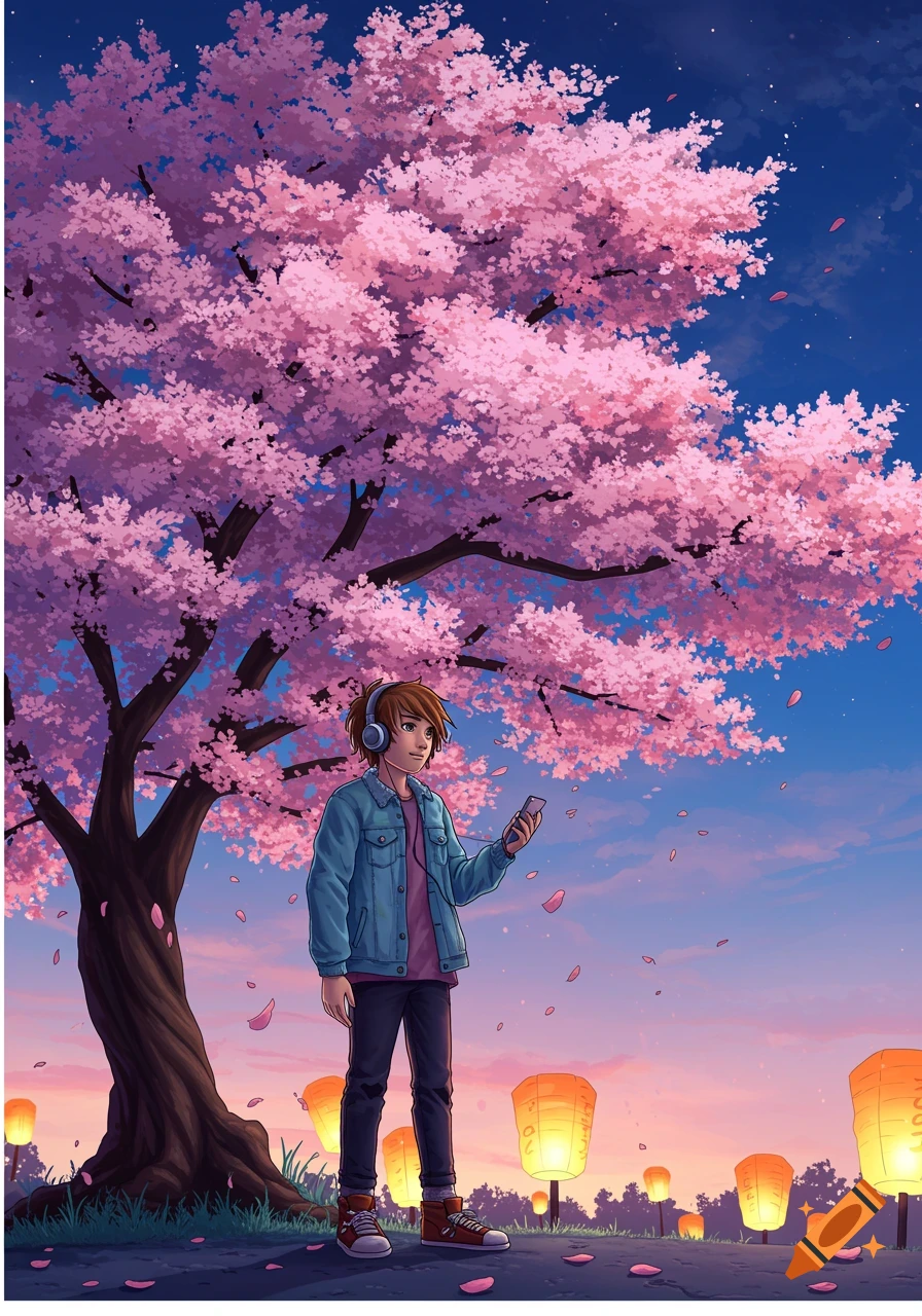 Anime illustration of a boy with headphones looking at his phone under a vibrant pink cherry blossom tree at sunset with glowing lanterns.