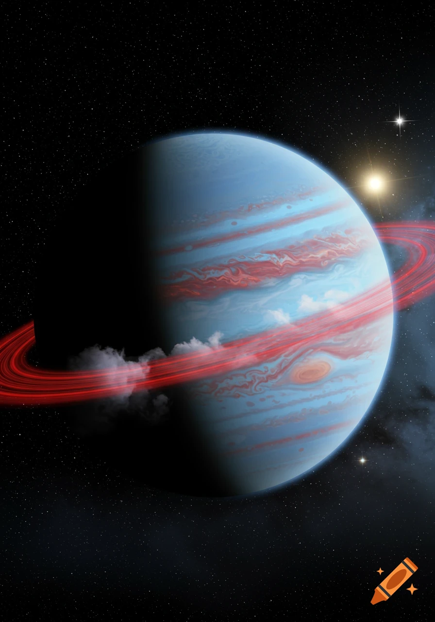 A large light blue planet with red stripes and rings orbiting a bright star in a dark, star-filled space.