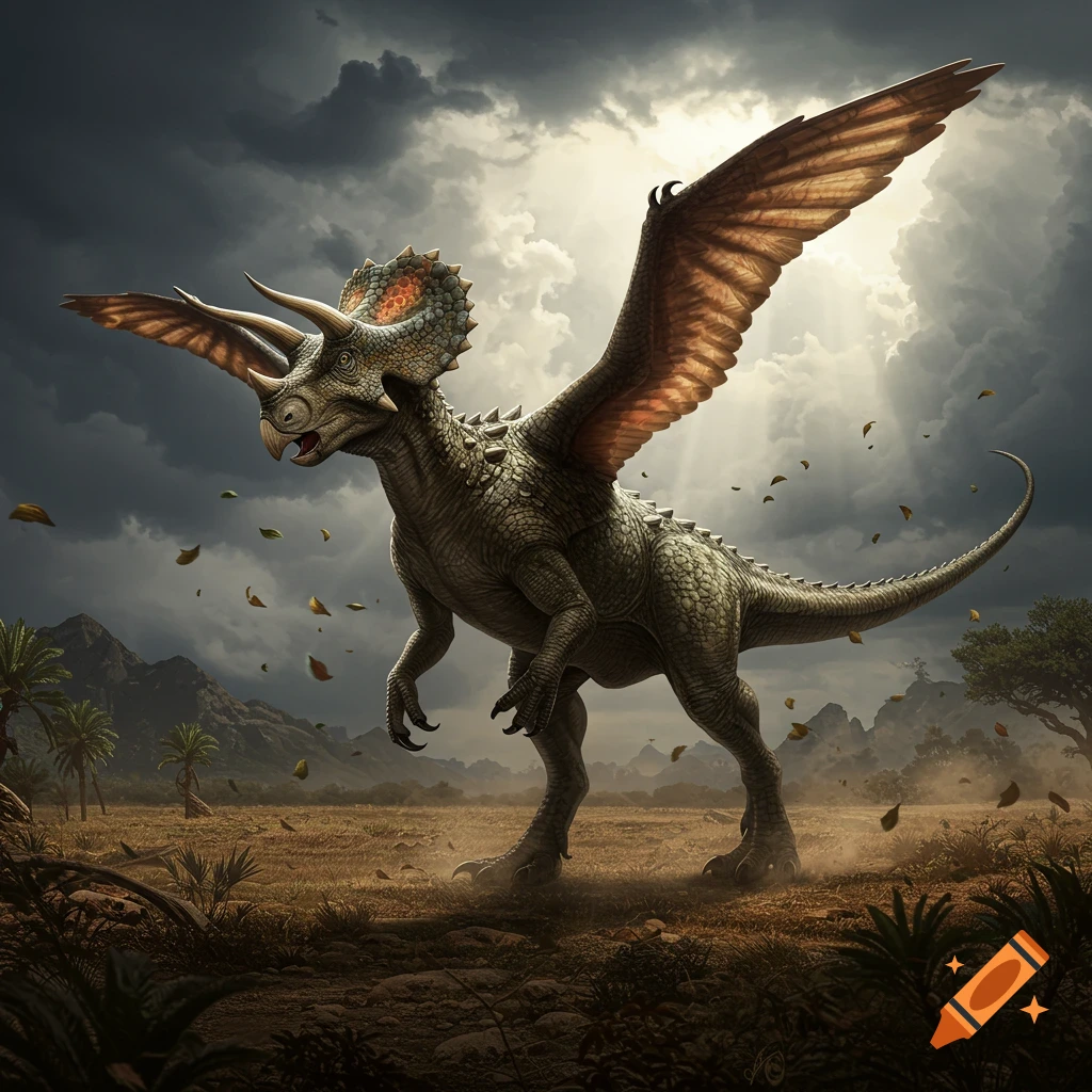 A winged dinosaur with Triceratops horns and Stegosaurus plates stands in a dramatic prehistoric landscape with stormy skies.