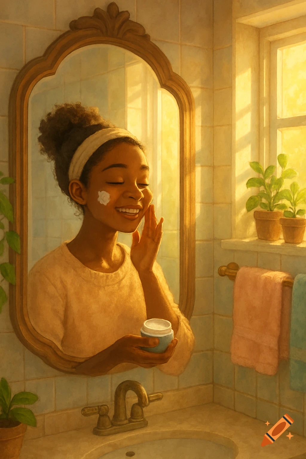 A smiling girl with curly hair and a headband applies moisturizer to her face in a sunlit bathroom, holding a jar of cream.