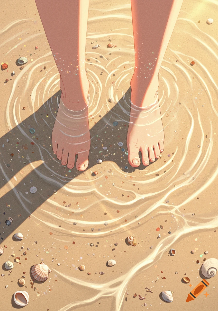 Two feet standing in shallow water on a sandy beach with seashells, in an anime art style.