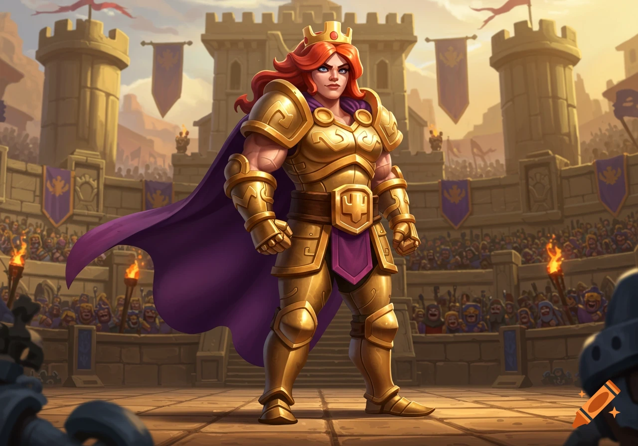 A powerful female warrior in shining golden armor, a purple cape, and a crown stands in a grand arena filled with spectators, in a vibrant game art style.