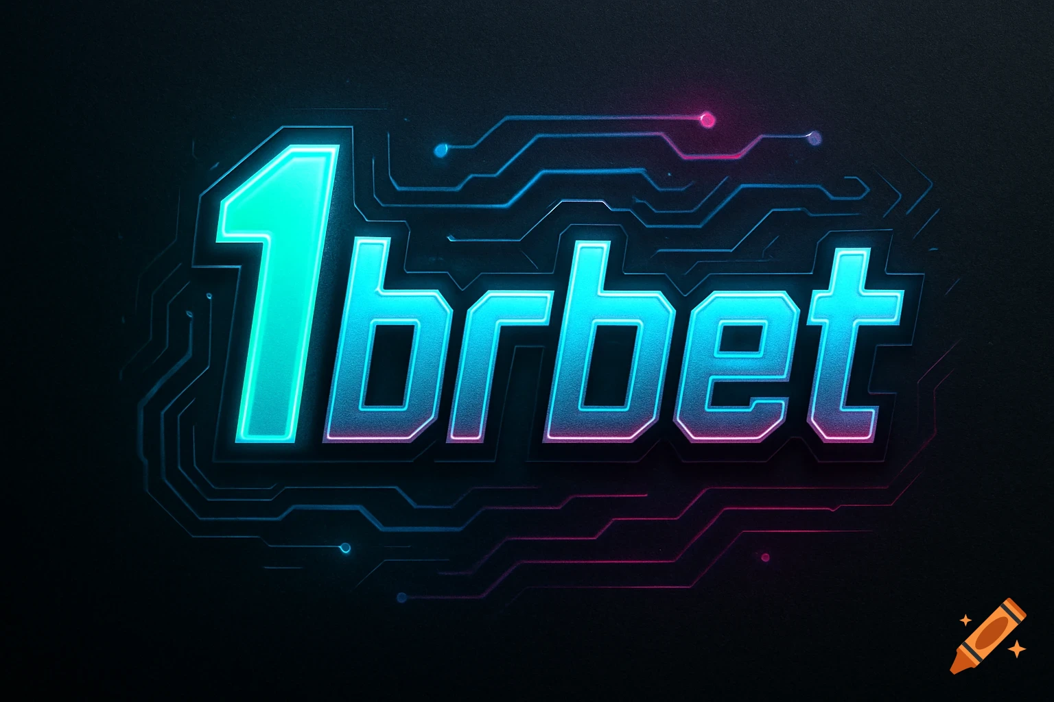 Neon blue and pink stylized '1brbet' logo with circuit board patterns on a dark background.