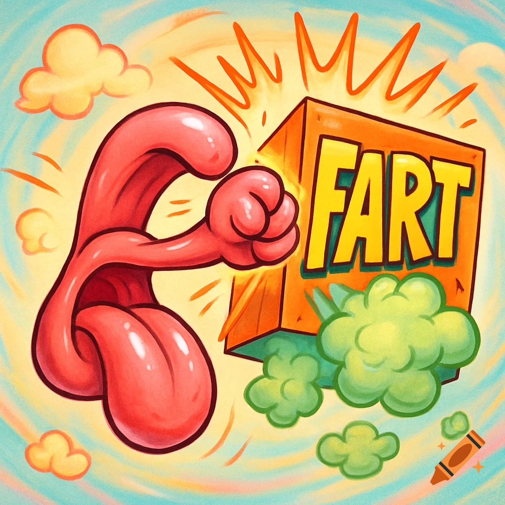 A red cartoon tongue with an arm and fist punches an orange box labeled "FART," with green gas clouds emanating from it. The background is a swirling light blue and yellow.