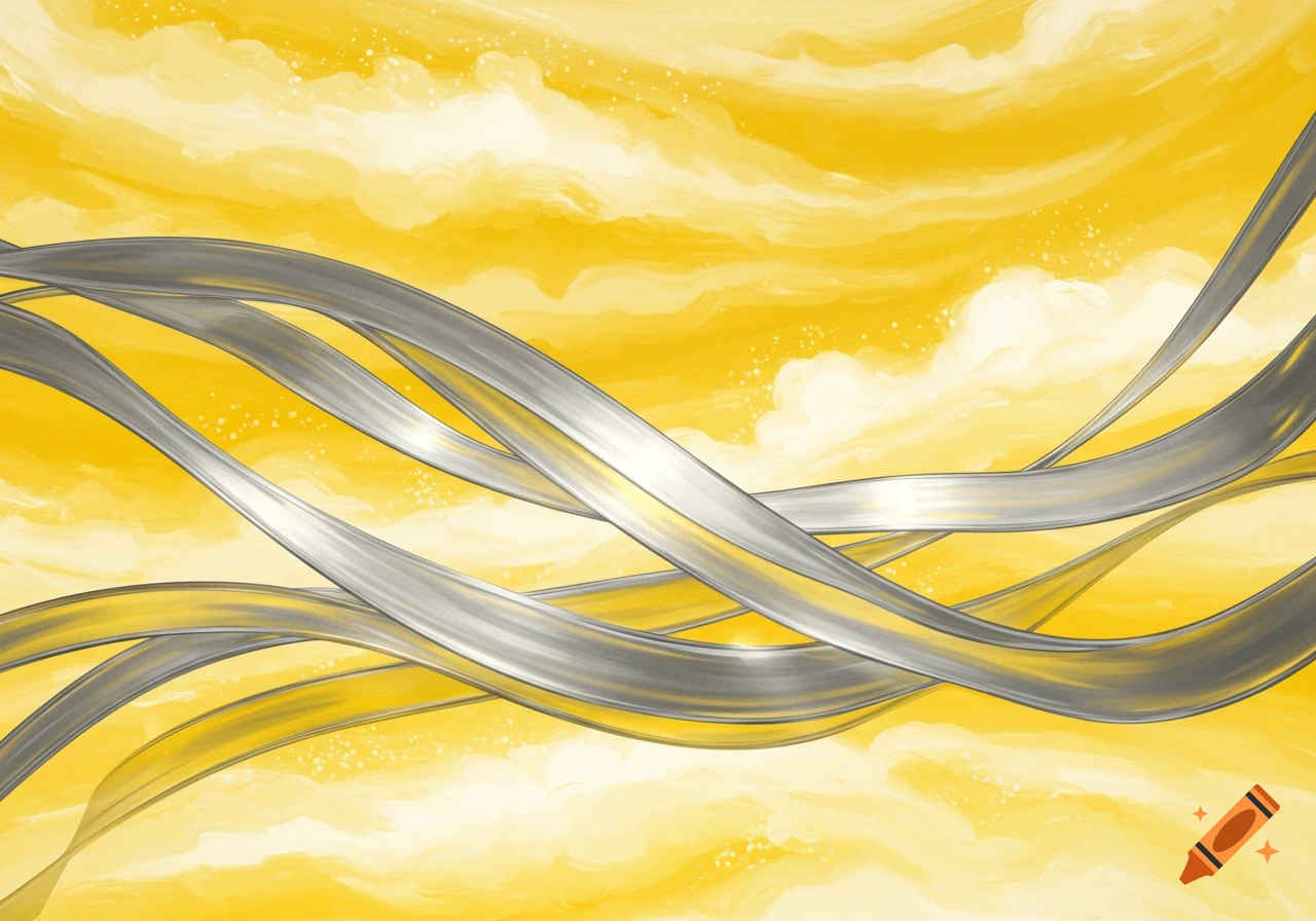 An abstract painting featuring a background of swirling yellow and white brushstrokes, with shiny, intertwined silver ribbons flowing across the foreground.