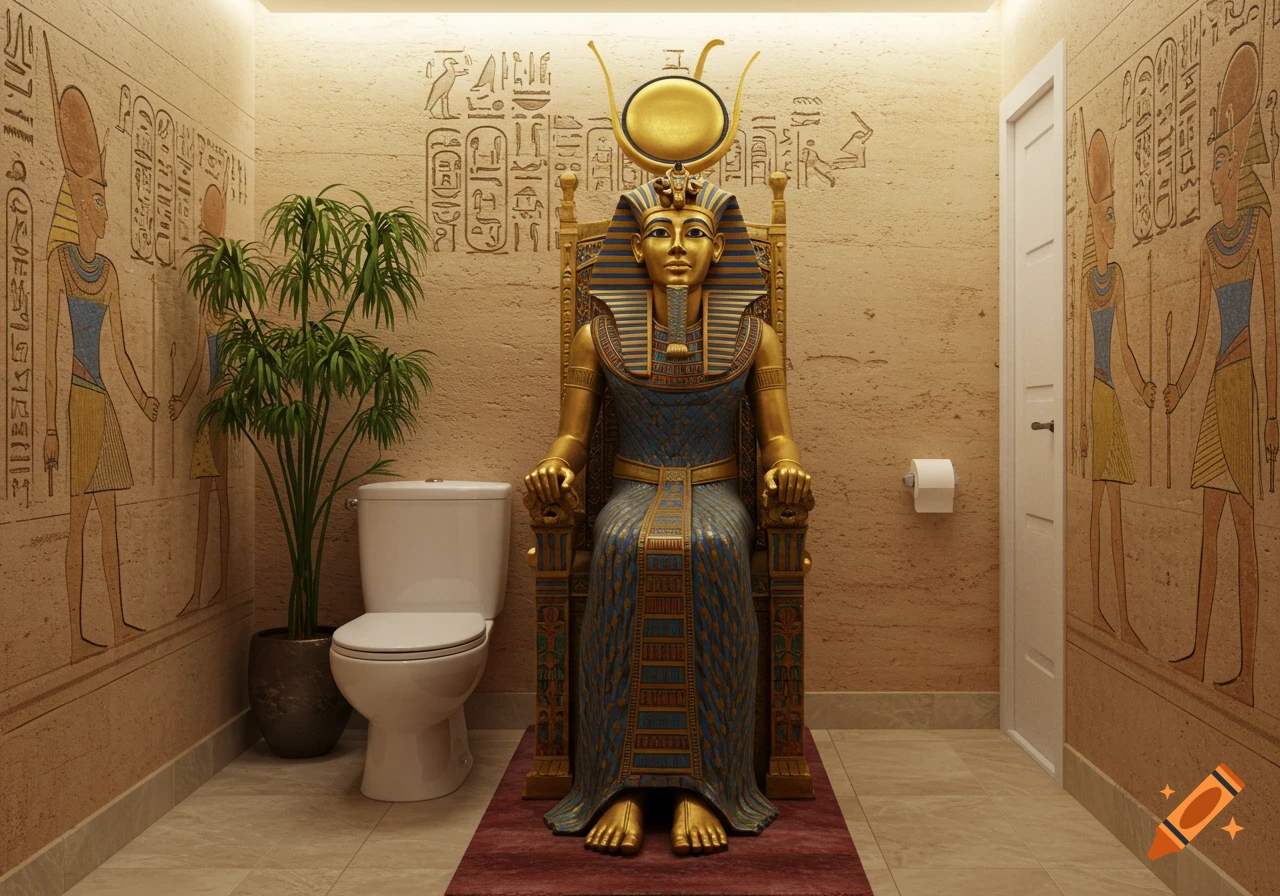 Photorealistic image of a golden Egyptian pharaoh statue seated on a throne in a bathroom with hieroglyph-covered walls, a toilet, and a plant.