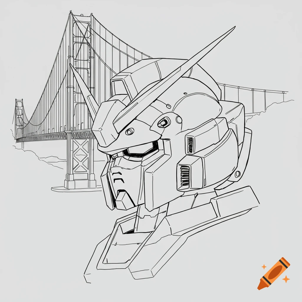 Line drawing of a Gundam head in front of the Golden Gate Bridge.