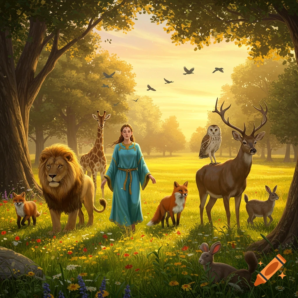 A woman in a blue robe walks through a vibrant, sunlit meadow surrounded by various animals like a lion, giraffe, deer, and foxes.