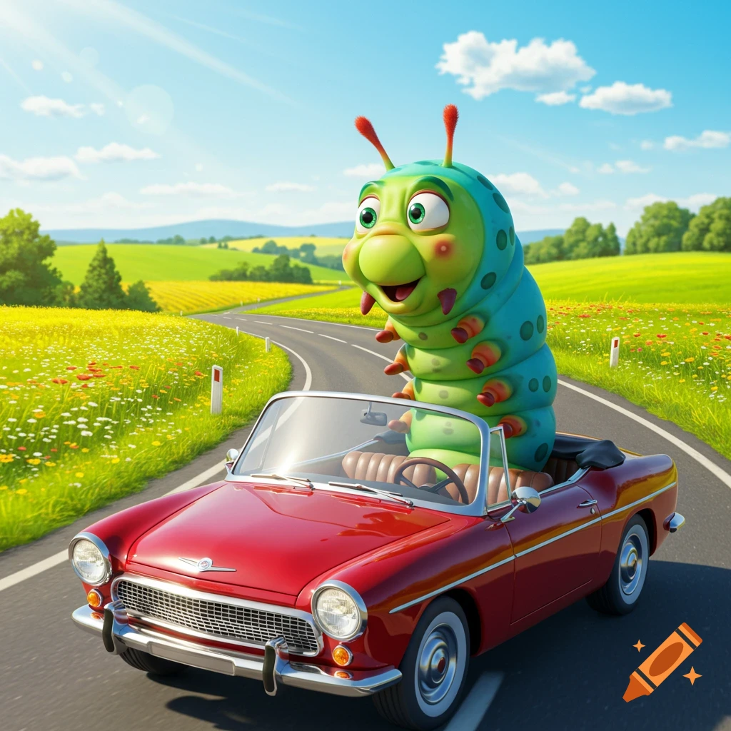 A cheerful green and blue cartoon caterpillar in a red vintage convertible car drives down a winding road through a sunny countryside.