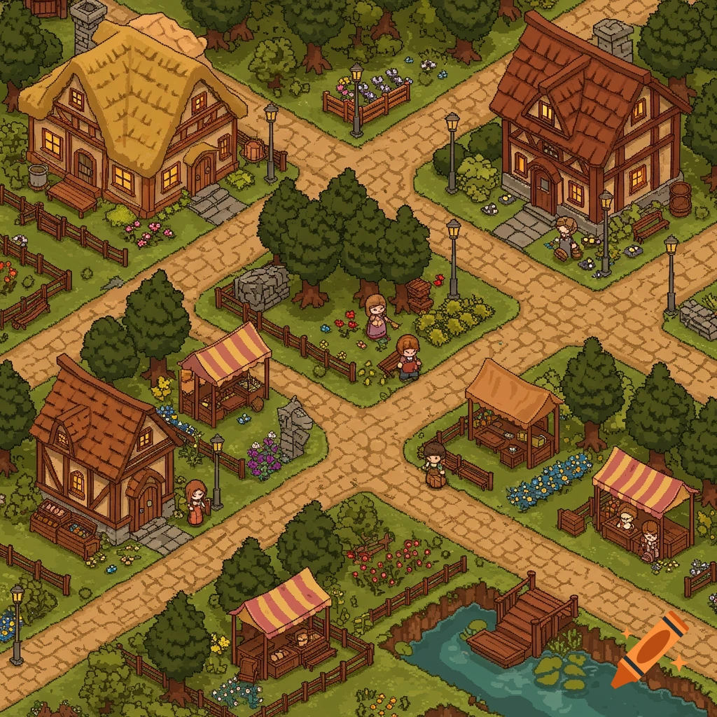 Isometric pixel art illustration of a cozy village with houses, market stalls, trees, and people on dirt paths.