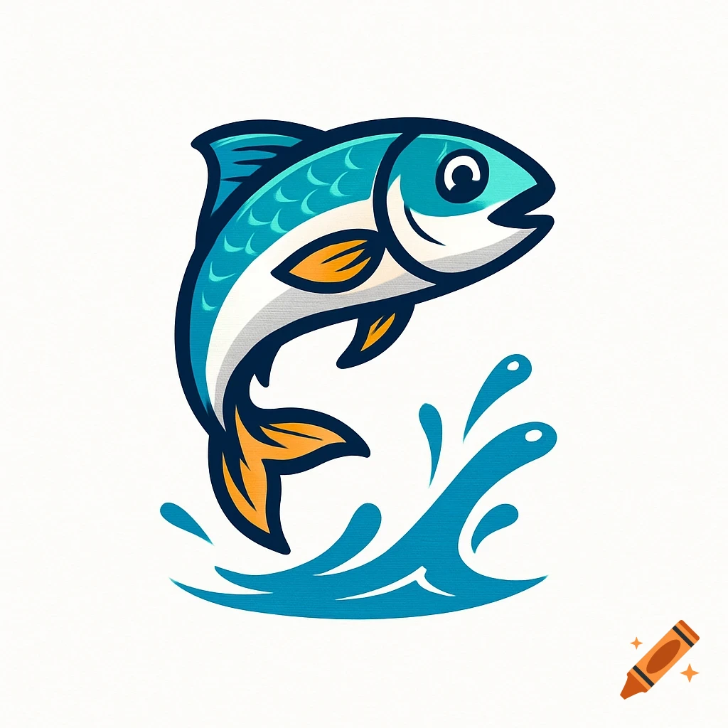 A vibrant cartoon fish in blue, white, and orange jumping out of stylized water.