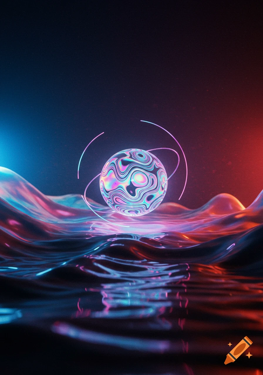 A glowing, iridescent sphere with swirling patterns above wavy, reflective liquid, lit by blue and red light in a digital abstract style.