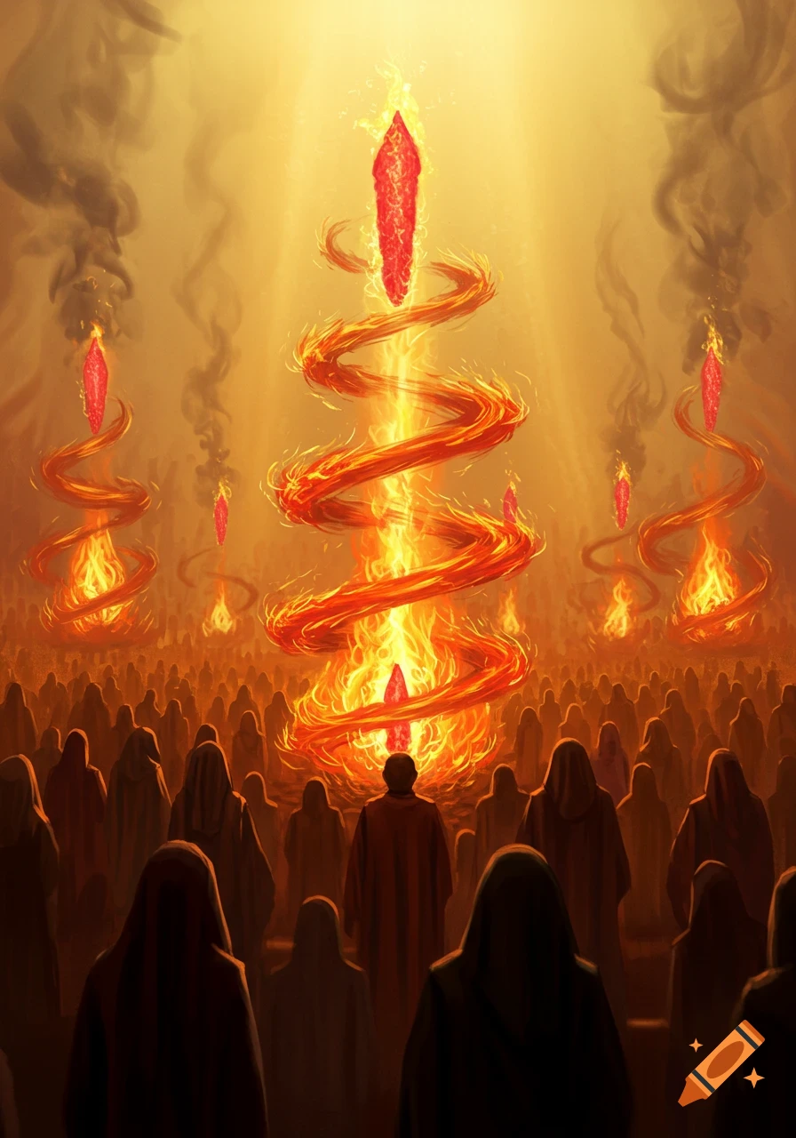A crowd of robed figures faces tall pillars of fire with red crystals, smoke rising under an orange sky, digital art.