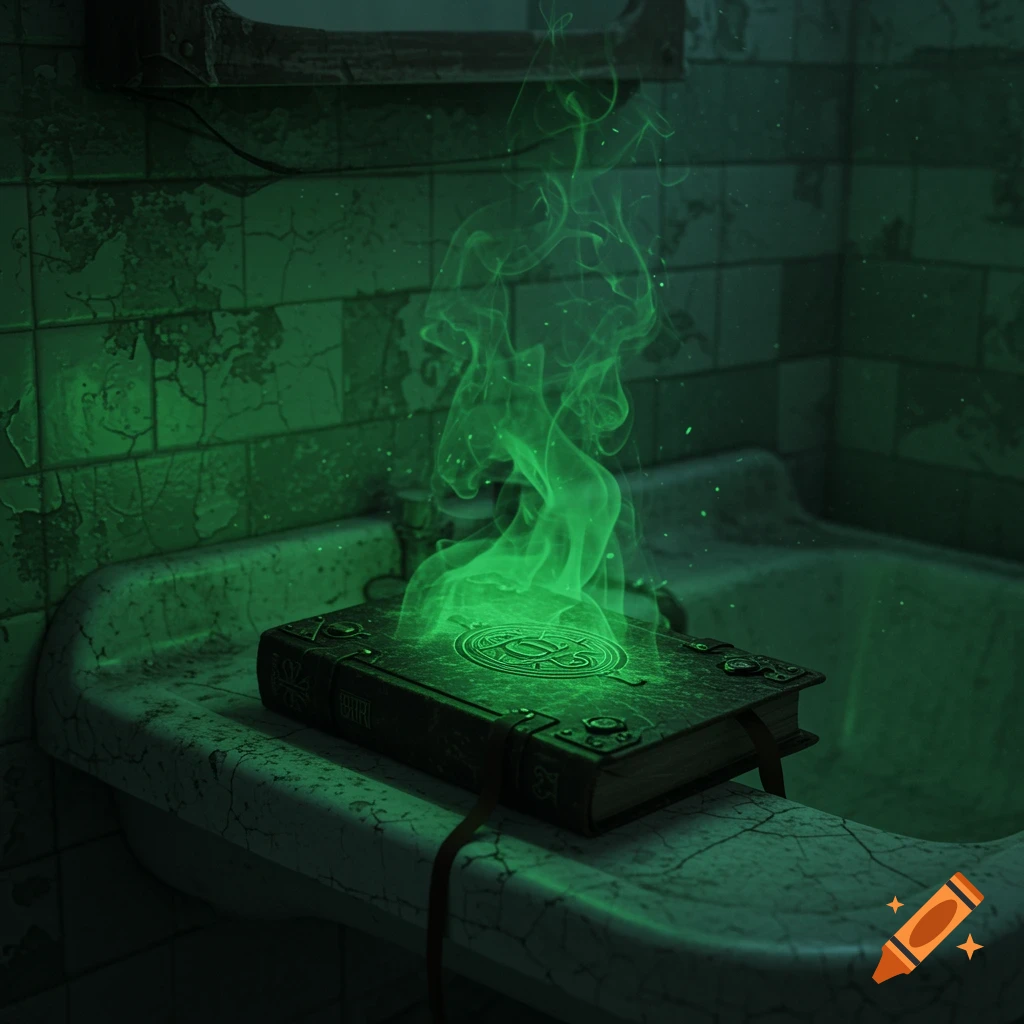 A dark enchanted book with glowing green mist on an old, cracked bathroom sink, with peeling green tiles in the background.