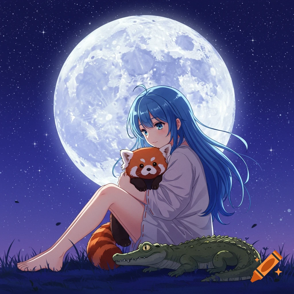 Anime girl with blue hair sits on grass under a giant full moon, holding a red panda, with a crocodile beside her. Night sky with stars.
