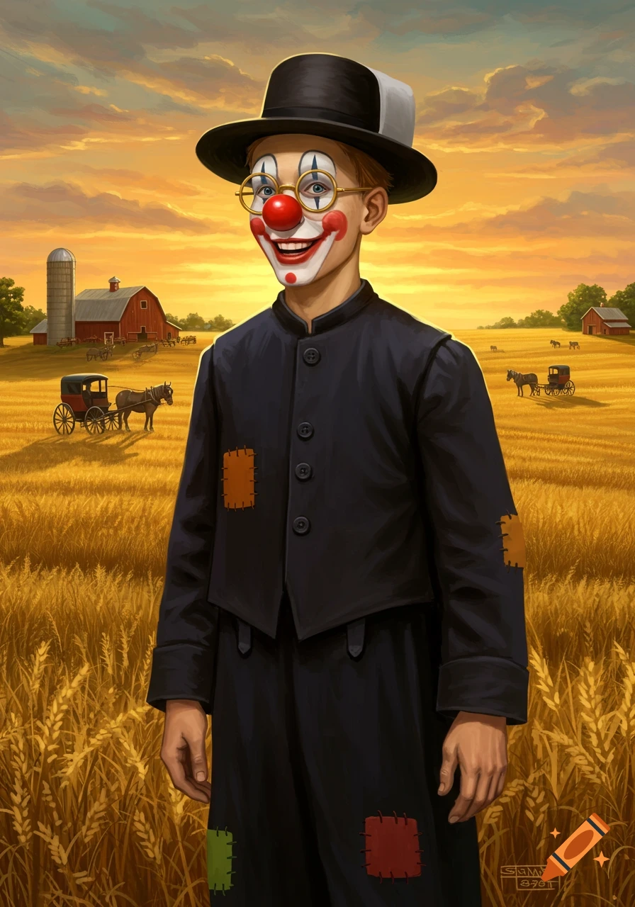 A full-body portrait of a young clown in an Amish-style black suit with patches, wearing a hat and round glasses, standing in a golden wheat field at sunset with barns and horse-drawn buggies in the background. Digital painting.