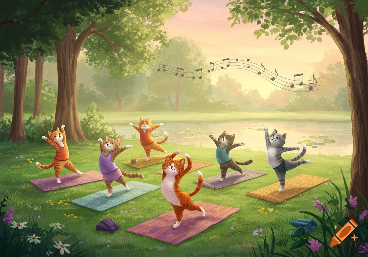 Six colorful cartoon cats in various yoga poses on mats in a grassy park, with musical notes floating above.