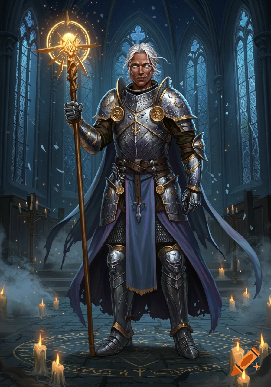 A Dungeons and Dragons style cleric with white hair in ornate silver armor stands in a gothic church holding a glowing staff. Candles surround him.