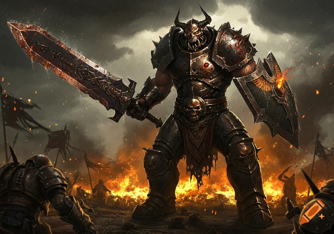 A massive horned warrior in spiked, skull-adorned armor wielding a giant sword and shield stands on a fiery battlefield in the rain.