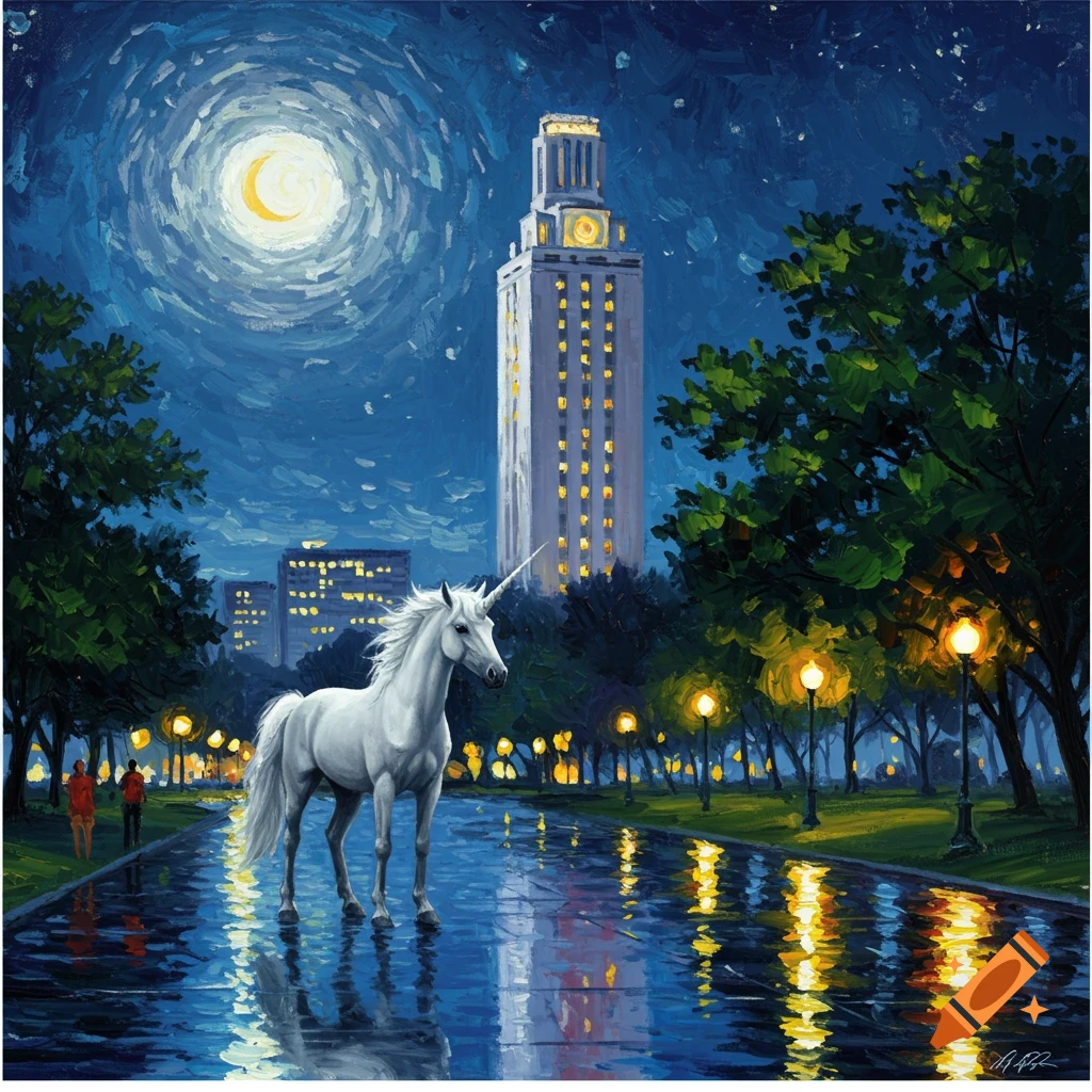 A white unicorn stands on a wet street at night, illuminated by a swirling moon and city lights in a Van Gogh style painting.