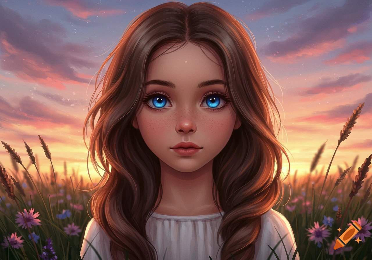 A stylized young girl with large blue eyes and brown hair stands in a field of flowers and wheat at sunset.