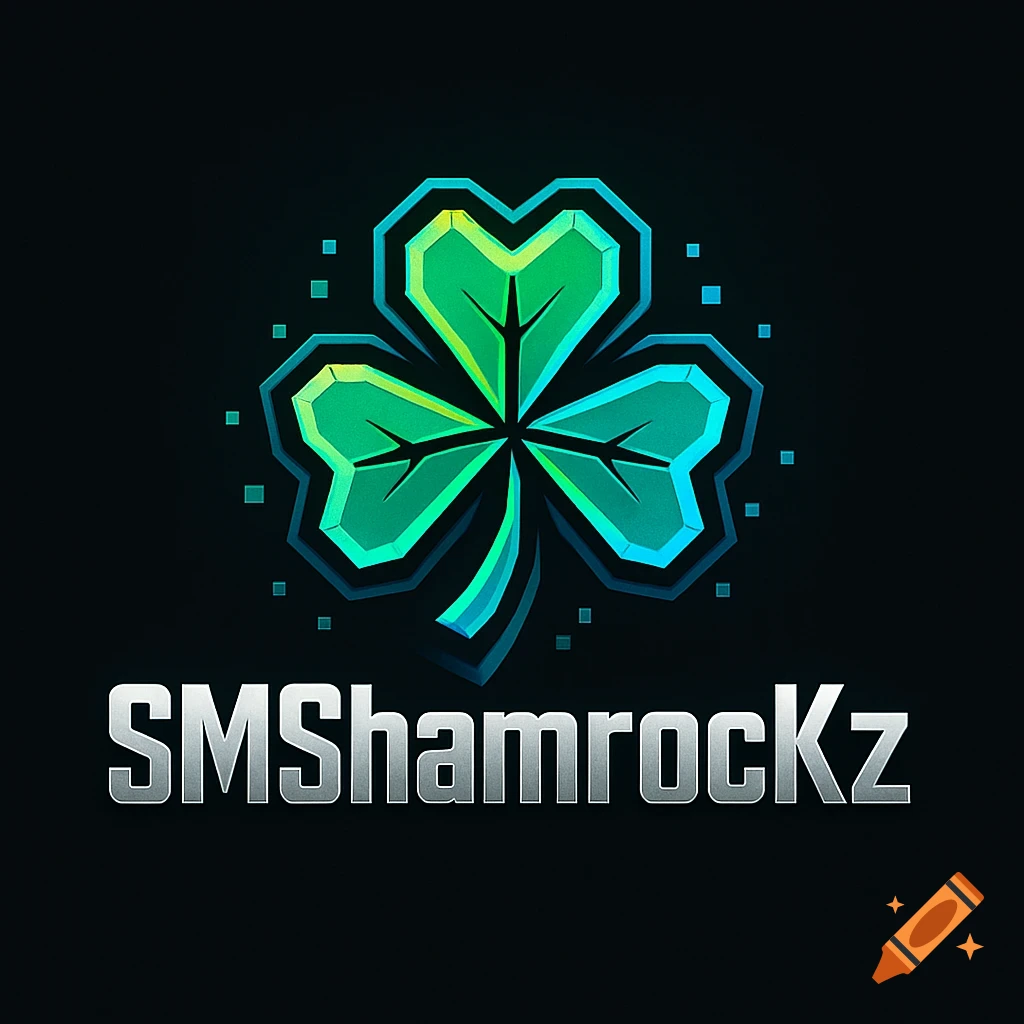 A vibrant green and blue stylized shamrock logo with geometric elements, above the silver metallic text 'SMShamrockZ' on a dark background.