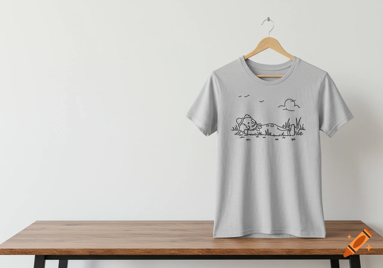 Grey t-shirt with black line art of a clown lying in grass, hanging on a wooden hanger above a wooden table.