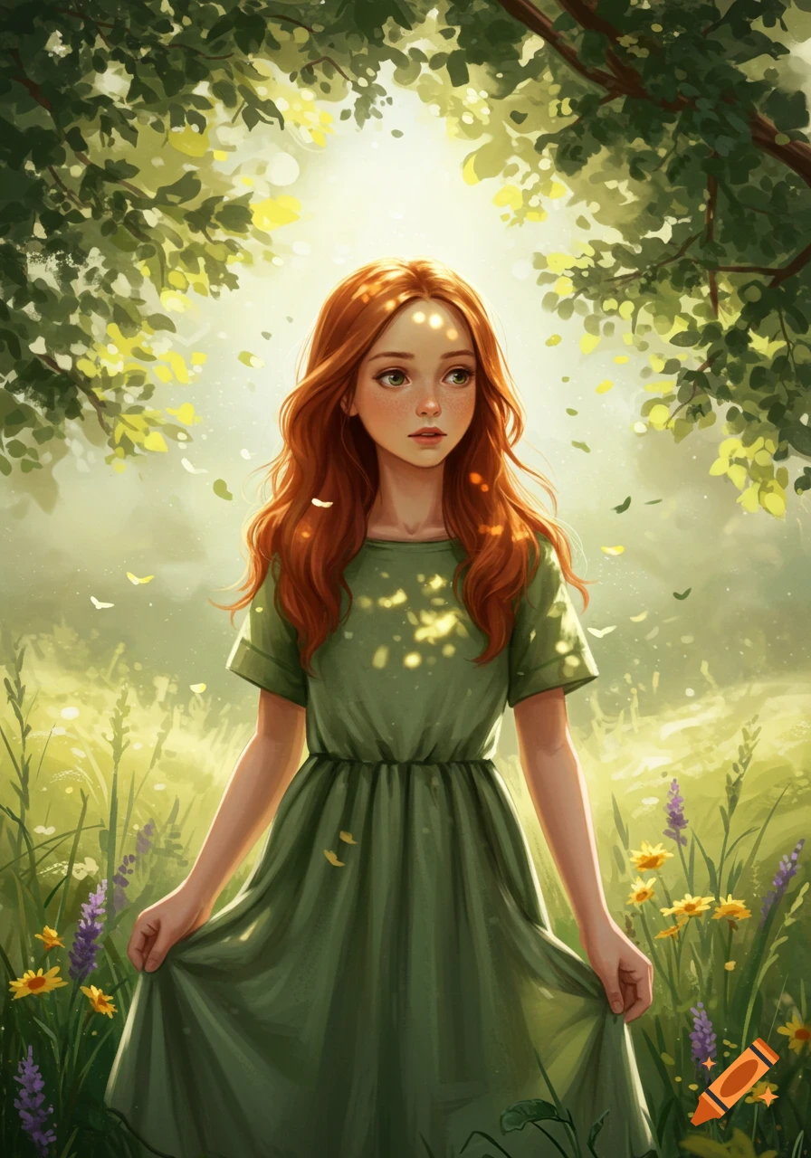 A red-haired girl in a green dress stands in a sunny field of wildflowers under dappled trees, digital art.
