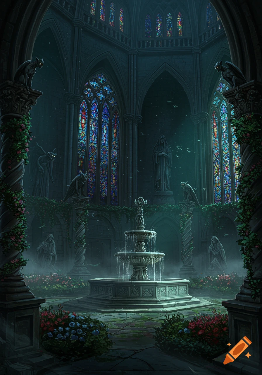 A dark gothic cathedral interior with a central fountain, colorful stained glass windows, stone gargoyles, and lush foliage.