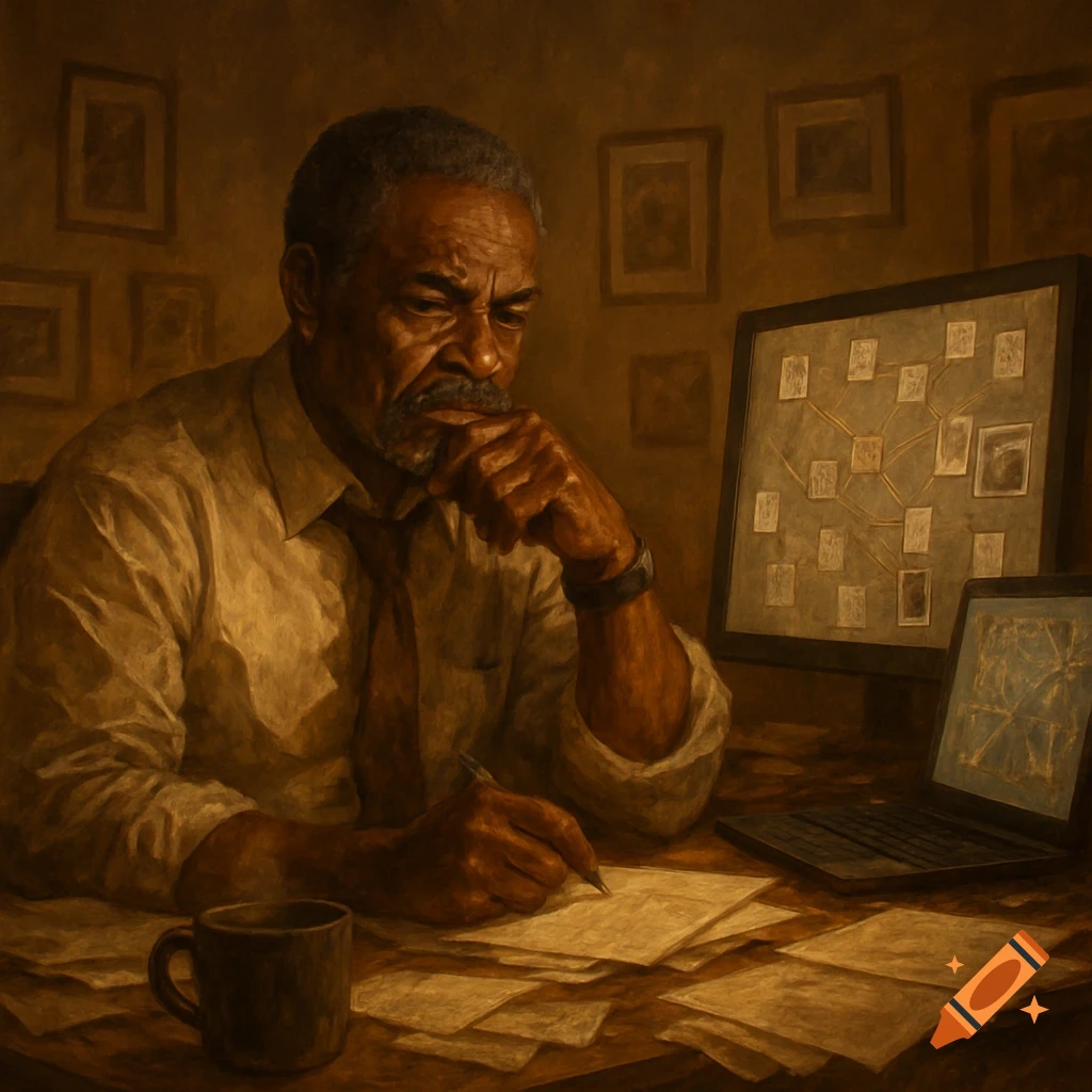 An older Black man, with a beard and a thoughtful expression, sits at a desk cluttered with papers, writing with a pen. He is wearing a shirt and tie, with one hand resting on his chin. Two computer monitors, displaying abstract diagrams, are beside him. The scene has a dark, painterly aesthetic.