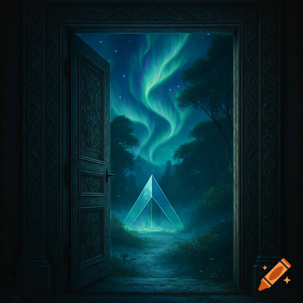 An ornate wooden door opens to a mystical night landscape with a glowing geometric pyramid under a vibrant green aurora borealis.