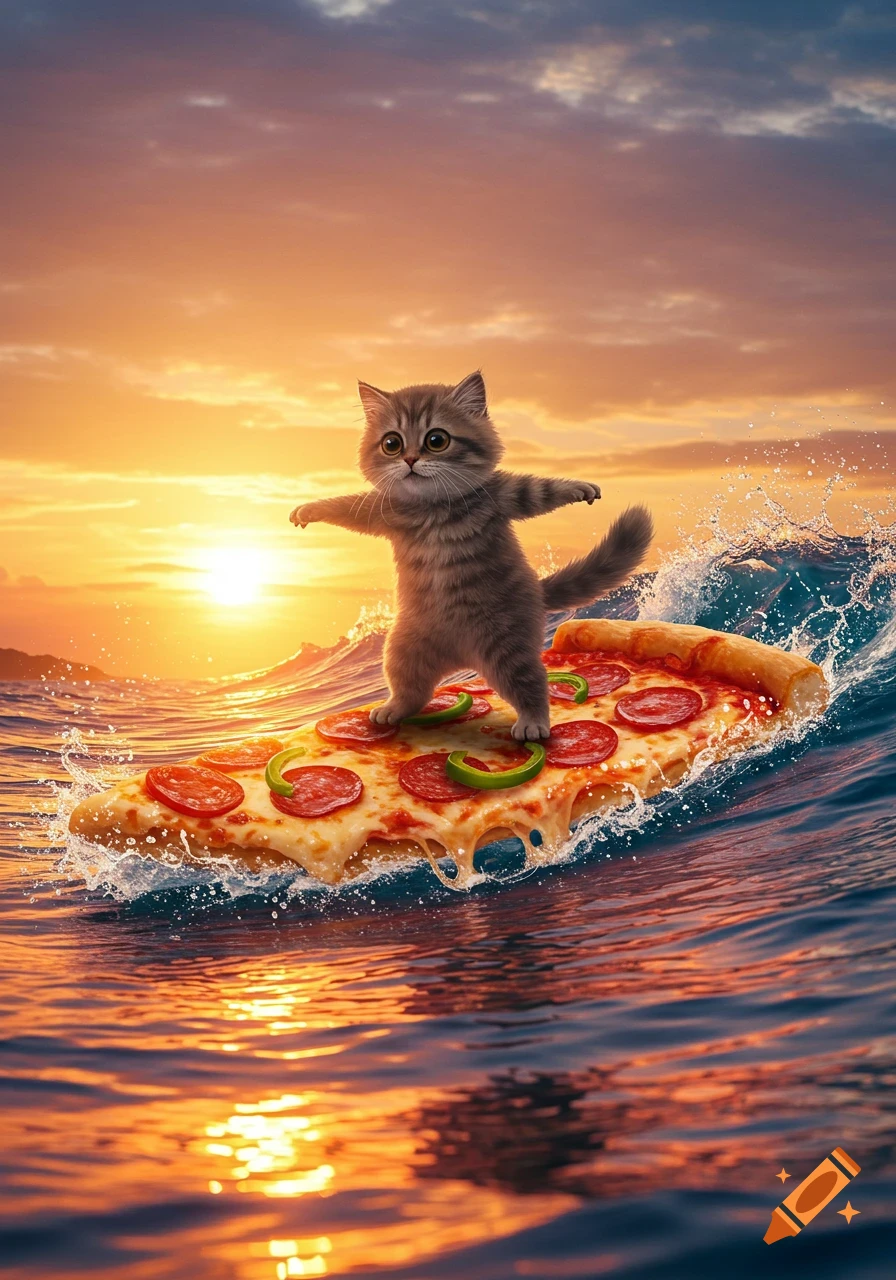 A cartoon cat with wide eyes surfs on a slice of pepperoni pizza in a vibrant ocean at sunset.
