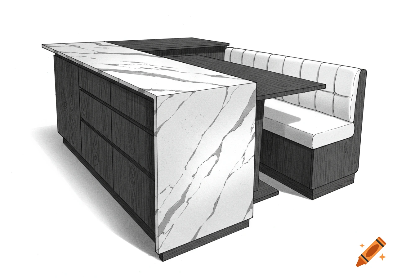 Detailed black and white architectural drawing of a kitchen island with a white marble countertop and a dark wood bench seat and table.