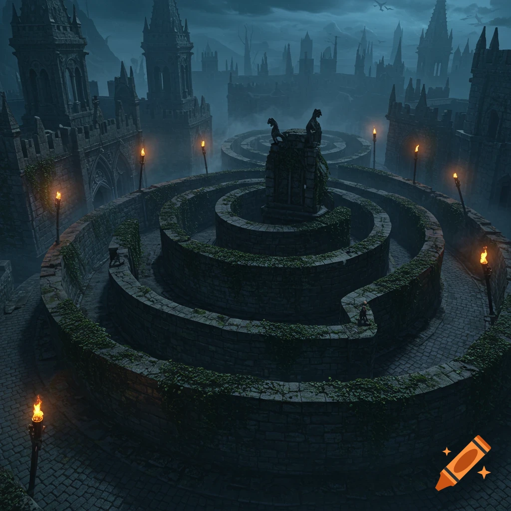 A dark, atmospheric gothic labyrinth with high stone walls covered in vines, illuminated by torches, under a cloudy, ominous sky.
