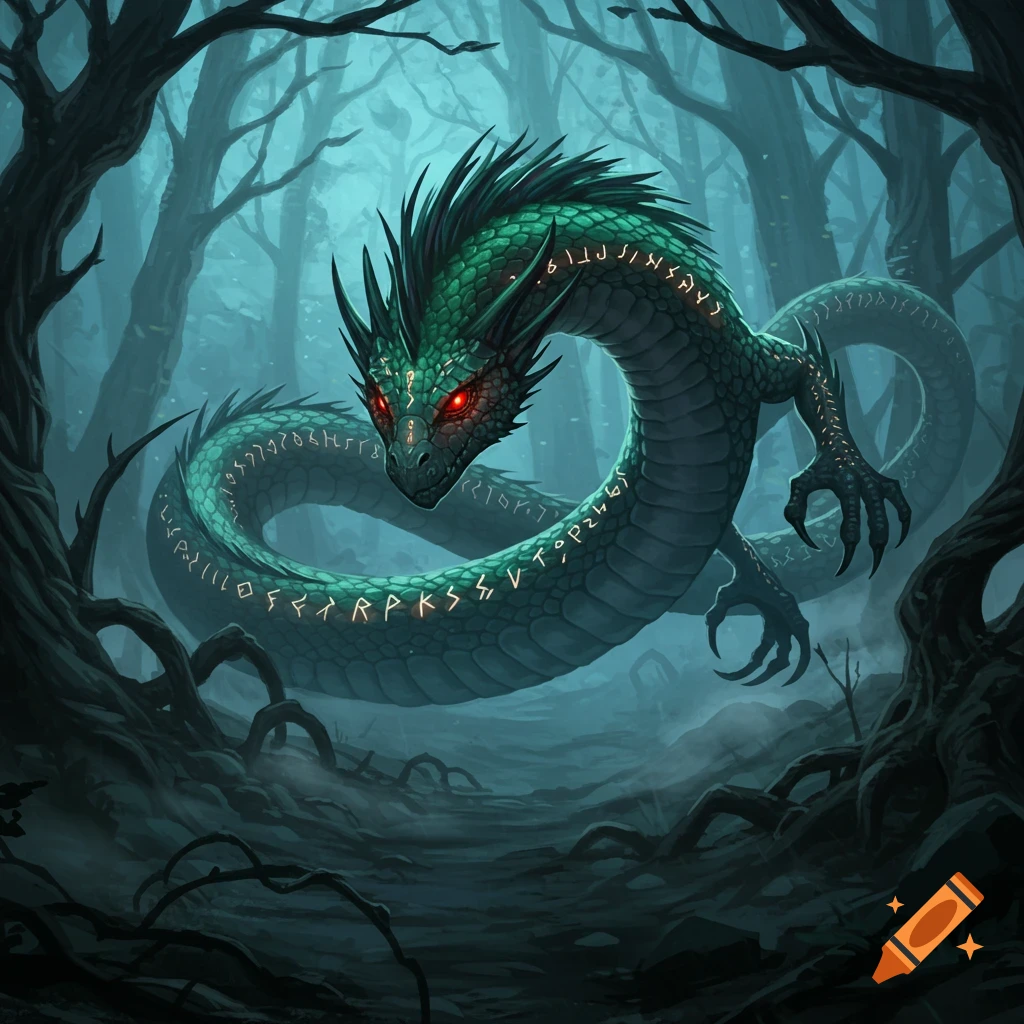 A majestic green dragon with glowing red eyes and glowing runes on its body, lurking in a dark, misty forest.