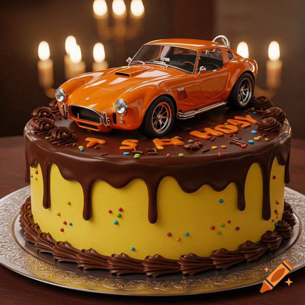 An orange Shelby Cobra toy car sits atop a yellow birthday cake with chocolate frosting, sprinkles, and blurred background lights.