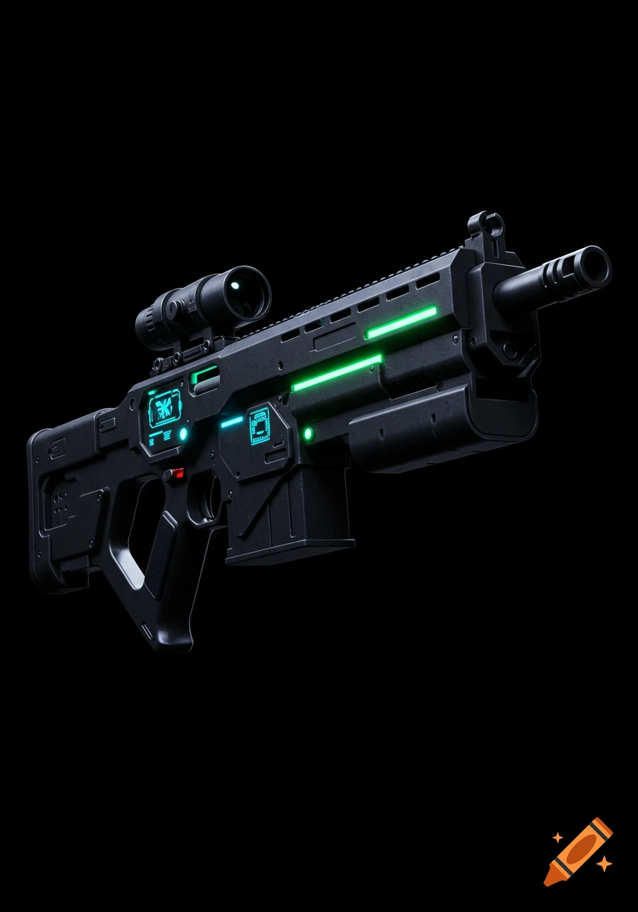 A sleek jet black futuristic designated marksman blaster with green and blue glowing details and a scope, set against a dark background.
