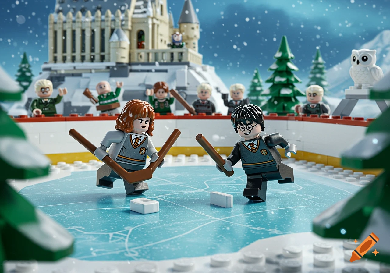Lego Harry Potter and Hermione playing ice hockey on a snowy rink with Hogwarts castle in the background.
