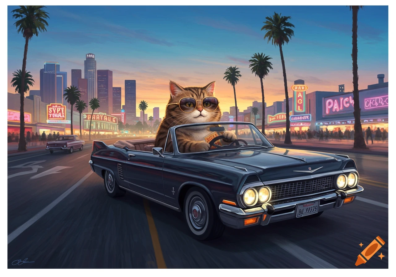 A stylized tabby cat in sunglasses drives a vintage black convertible down a palm-lined street in a city, with neon signs and a skyline at sunset.