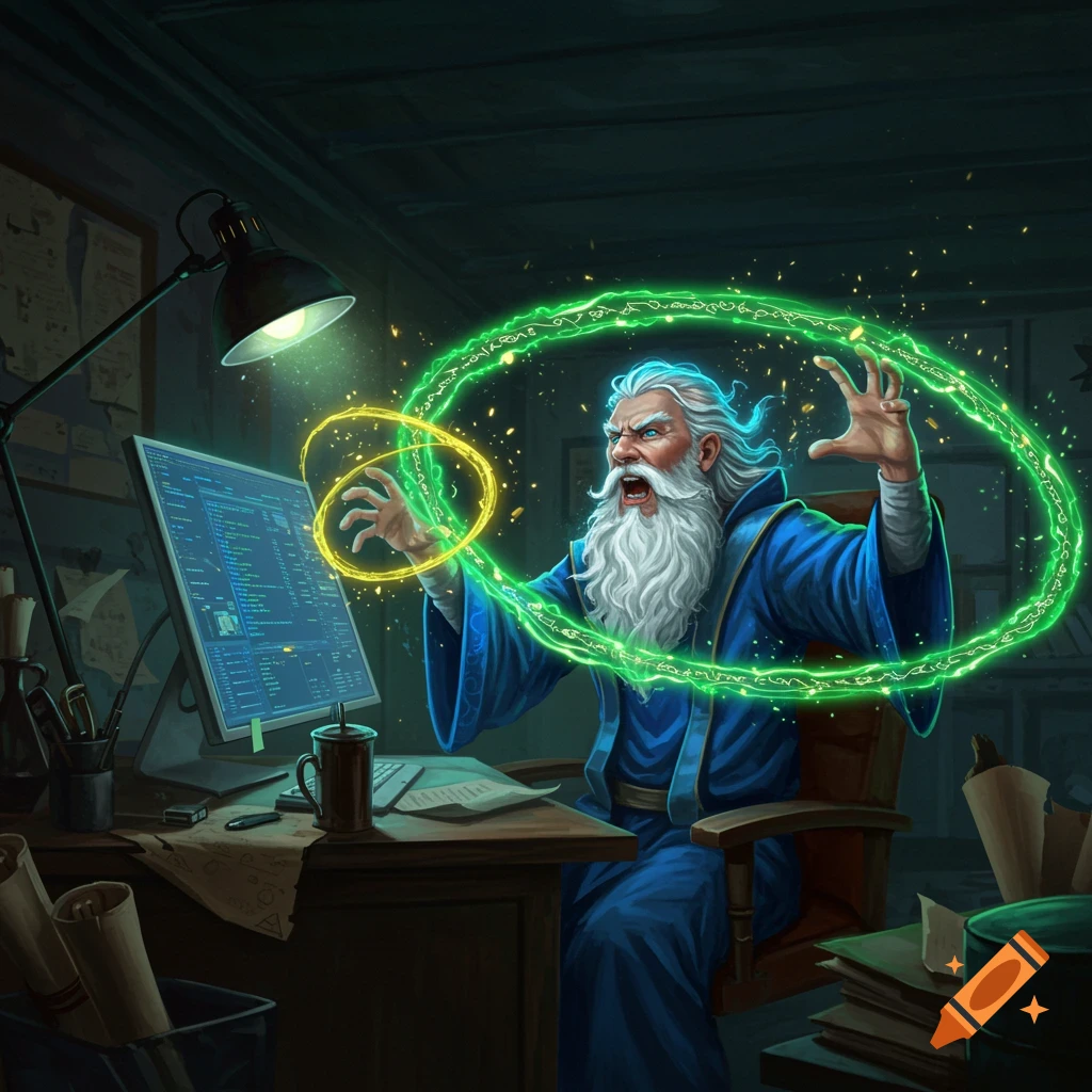 A fantasy illustration of an angry wizard with a white beard and blue robes, casting green and yellow spells at a computer in a dimly lit office.