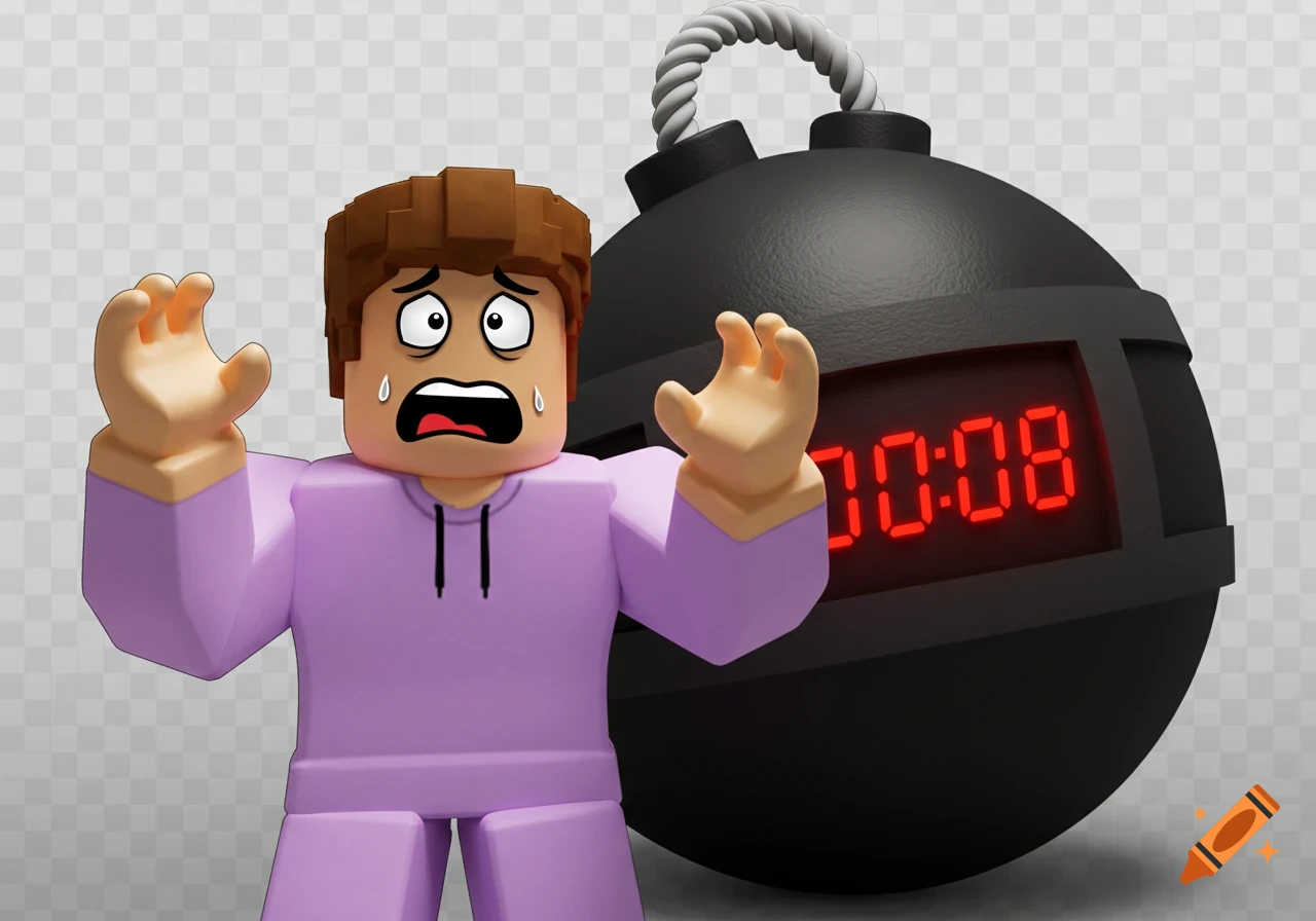 A scared Roblox character with a purple hoodie next to a black cartoon time bomb showing 00:08 on its timer, on a transparent background.