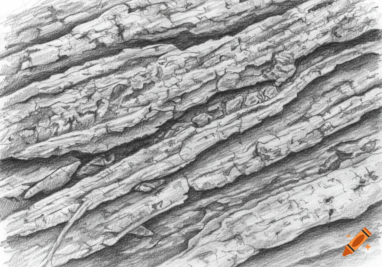 A detailed black and white pencil frottage drawing of a textured surface, resembling tree bark or rock.